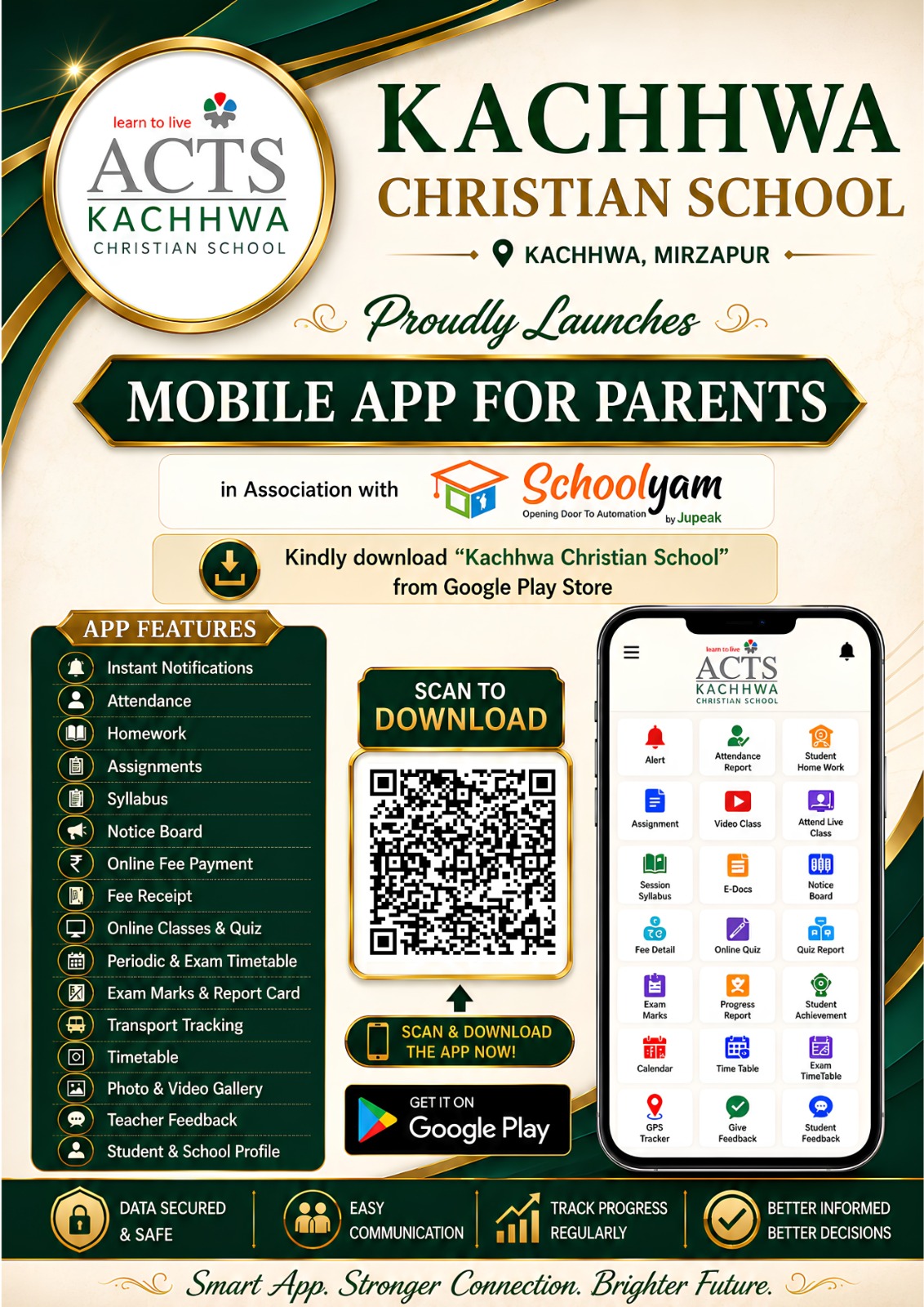 The Kachhwa Christian School Student/Parent App is now available on the Google Play Store